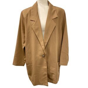 Roamans Blazer Jacket Womens Size‎ Medium Oversized Camel Shoulder Pads 1-Button